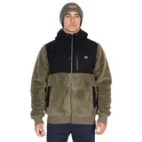 Canguro con cierre frontal completo, confeccionado en tela sherpa. Presenta un diseño de bloques de color en verde y negro, con capucha ajustable, bolsillos laterales con cierre y puños elásticos.