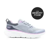 Championes grises con detalles en rosa y suela blanca con tecnología memory foam.