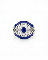 Anillo de plata 925 con diseño calado en forma de ojo, esmalte azul y piedra central.