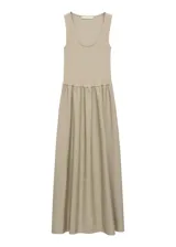 Vestido midi de diseño combinado con cuerpo de algodón y elastano con cuello escotado y tirantes anchos, y falda evasé de algodón con panel fruncido en la cintura.