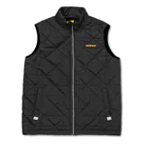 Chaleco acolchado de color negro con diseño de rombos, cierre frontal completo y cuello alto. Presenta el logo de la marca Caterpillar en el pecho y detalles reflectantes en la parte inferior.