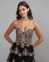 Vestido largo de fiesta con escote corazón y corset estructurado. Presenta un diseño de capas de tul con volados y bordados brillantes en tonos dorados sobre base negra. Incluye un tajo lateral profundo en la falda.