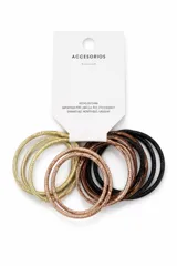 Pack de doce coleros elásticos para el cabello con acabado brillante y texturizado, en tonos metalizados surtidos.