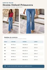 Jean Oxford de tiro alto, confeccionado en denim elastizado con doble lycra en la zona del tiro. Cuenta con bolsillos traseros, diseño ajustado en la cadera y muslos, y botamanga ancha de corte acampanado.