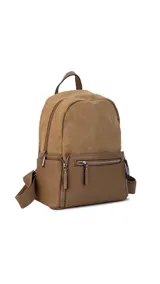 Mochila negra combinada con nobuck, bolsillo amplio adelante con broche y cierre, bolsillos en los costados, asas regulables y bolsillos internos.