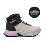 Bota de trekking Hi-Tec modelo Mirage Water Resistant, color beige y negro con detalles en rosado, diseñada con tecnología Aqua Softshell y plantilla Memory Foam.