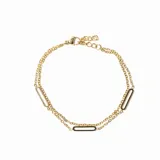 Pulsera dorada de doble cadena con eslabones y apliques rectangulares con borde negro.