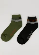 Pack de dos pares de medias deportivas de algodón, una verde oliva y otra negra, con felpa en el tobillo, rayas horizontales y logo de la marca en el empeine.