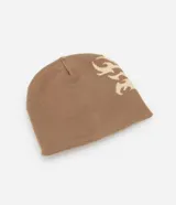 Gorro de punto doble faz con diseño tribal abstracto en tonos beige y marrón. Confeccionado en tejido acrílico suave, ofrece aislamiento térmico y un ajuste cómodo.
