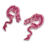 Par de aros colgantes con forma de dragones orientales rojos con detalles en plateado.