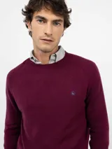 Jersey de hombre cuello redondo, confeccionado en lana merino, con diseño liso, manga larga y logo bordado en el pecho.