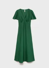 Vestido midi de tejido mezcla de lino y viscosa, color verde, con escote en pico drapeado, mangas cortas y diseño evasé.