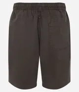 Bermuda de sarga lavada color gris oscuro, con cintura elástica ajustable mediante lazo, bolsillos laterales y corte recto.