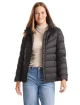Campera puffer de plumas Michael Kors, color negro, con cierre frontal metálico, bolsillos laterales y cuello alto con capucha oculta.