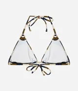 Top de bikini triangular confeccionado en microfibra texturizada, con diseño de cortina y estampa a rayas horizontales en tonos verde militar, azul marino y crudo. Cuenta con tiras finas para atar en el cuello y la espalda.