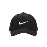 Gorra Nike modelo Rise, de color negro con paneles de malla en la parte trasera y el logo Swoosh bordado en color blanco en el panel frontal.