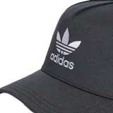 Gorra Adidas Trucker negra con logo blanco en el frente y paneles traseros de malla.