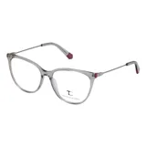 Armazón de anteojos Teresa Calandra modelo C37Z, con marco de acetato transparente en tono gris y patillas metálicas delgadas con detalles en color fucsia en los extremos.
