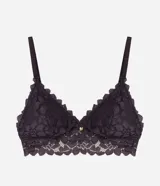 Soutien tipo bralette confeccionado en encaje con diseño floral, escote en V, breteles finos ajustables y copa desmontable. Presenta un pequeño detalle metálico en el centro del escote.
