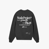 Buzo de algodón gris oscuro, corte holgado, con estampado en la espalda que incluye el logo de Nude Project y frases como "Respected Locally, Known Globally" y "By Artists For Artists Est. 2019".