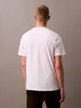 Remera blanca de algodón con estampado vertical en el frente con el logo de Calvin Klein Jeans en letras negras. Corte clásico y cuello redondo.