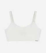 Soutien modelo top, hecho en microfibra color verde agua. Prenda sin relleno, con aro, sin costura y con textura acanalada.