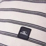 Remera de manga corta con cuello redondo, diseño a rayas horizontales en tonos beige y marrón oscuro, con parche de logo de la marca en el pecho.