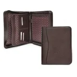 Sobre ejecutivo marrón oscuro de símil cuero con cierre alrededor. Cuenta con una repartición con fuelle para folios, tarjeteros, bolsillos y presilla para sujetar un block.