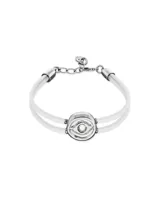 Pulsera de cuero doble color blanco con dije central de ojo plateado con cristal.