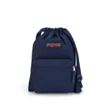 Mochila JanSport azul marino con cierre tipo bolsa, tirantes ajustables y bolsillo frontal con cierre.