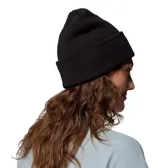 Gorro tipo beanie unisex de tejido de punto acanalado, color negro, con borde doblado y etiqueta con el logo de la marca Columbia en el frente.