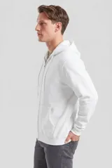Campera deportiva unisex con capucha, cierre frontal completo y bolsillos tipo canguro. Presenta puños y ruedo acanalados, con cordones ajustables en la capucha.