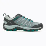Championes de senderismo Merrell modelo Crosslander 3, confeccionados en gamuza y malla transpirable. Presentan un diseño en tonos gris y azul oscuro con detalles en turquesa, puntera protectora resistente a la abrasión, entresuela de espuma EVA y suela de goma con tracción duradera.