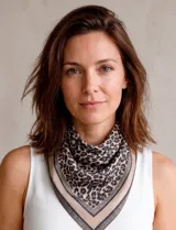 Pañuelo cuadrado de satén con estampado animal print y bordes en tonos neutros. Presenta un diseño versátil y ligero.