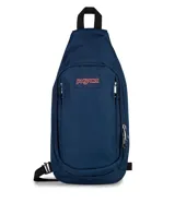 Morral tipo bandolera JanSport, color azul marino, con diseño ergonómico de una sola correa ajustable, compartimento principal con cierre y bolsillo frontal con logo de la marca.