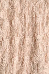 Top color beige de punto liviano con efecto encaje, escote en V, breteles finos y bajo asimétrico con ribetes festoneados.