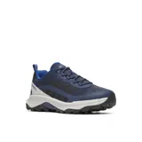 Zapatillas de senderismo Merrell Speed Strike 2 para hombre, color azul marino con detalles en gris y negro. Presentan una parte superior de malla transpirable y material sintético resistente a la abrasión, cuello acolchado y entresuela de espuma EVA ligera para mayor estabilidad. La suela de goma ofrece tracción duradera para actividades al aire libre.