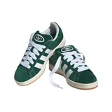 Zapatillas Adidas Campus 00S de gamuza color verde con las tres tiras laterales en blanco y suela color caramelo.