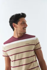 Remera de hombre a rayas horizontales en tonos borgoña, blanco y beige. Tiene cuello redondo y mangas cortas.