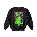 Buzo negro de cuello redondo y manga larga, con estampado frontal colorido de estilo japonés que presenta al personaje Reptar.
