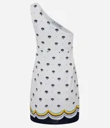 Vestido corto blanco con estampado de palmeras y bananas, escote asimétrico con un solo hombro y bretel ancho.