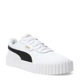 Championes Puma modelo Carina 3.0, de diseño urbano inspirado en los años 80. Presentan una capellada de cuero sintético en color negro con la icónica franja lateral Formstrip en blanco. Cuentan con una suela de plataforma blanca con textura acanalada y plantilla SoftFoam+ para mayor amortiguación.