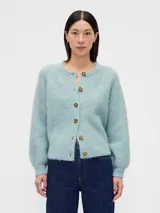 Saco de punto de textura suave en color celeste, con cuello redondo, cierre frontal de botones y mangas largas con puños ajustados.