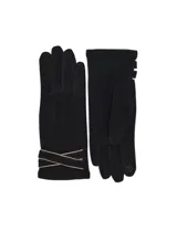 Guantes de mujer color beige claro, confeccionados en tejido soft (suede), con detalles de costuras cruzadas en color marrón en la muñeca.