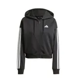 Campera deportiva Adidas con cierre frontal, capucha con cordones ajustables y mangas largas con las icónicas tres tiras blancas. Presenta el logo de la marca bordado en el pecho y puños acanalados.