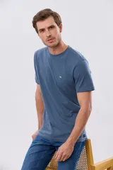 Remera lisa de manga corta y cuello redondo, color gris oscuro, de calce cómodo con pequeño logo bordado en el pecho.