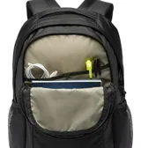 Mochila Columbia Manresa de 25 litros color negro, con tecnología Omni-Shield que repele la humedad y manchas. Cuenta con compartimentos principales, funda acolchada para laptop de hasta 13 pulgadas, bolsillos laterales de malla para botellas y panel trasero transpirable.