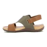 Sandalia casual de mujer con dos tiras y pulsera al tobillo con cierre ajustable. Presenta capellada de cuero negro, plantilla acolchada y suela tipo corcho con base marrón antideslizante.