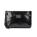 Sobre de mano tipo clutch marca Extra Large, color negro con textura efecto piel de serpiente y acabado brillante. Incluye correa de muñeca, cierre metálico y parche frontal con el logo de la marca.