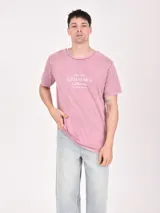 Remera color beige con estampa rectangular con diseño abstracto en tonos marrones y texto.